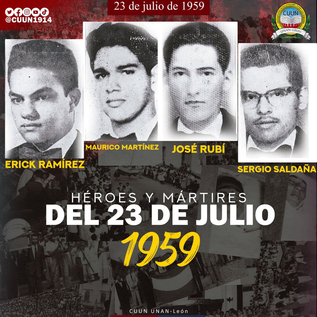 Amanecer 🇳🇮 (@amanecerabz) on Twitter photo #Nicaragua conmemora la masacre estudiantil en León un crimen delesahumanidad para la juventud.
Después de 6️⃣6️⃣ años el espíritu de Sergio Saldaña, Erick Ramírez, José Rubí y Mauricio Martínez sigue ardiendo en cada joven de la capital de la Revolución 🟥⬛️
#Plomo19 #Nicaragua conmemora la masacre estudiantil en León un crimen delesahumanidad para la juventud.
Después de 6️⃣6️⃣ años el espíritu de Sergio Saldaña, Erick Ramírez, José Rubí y Mauricio Martínez sigue ardiendo en cada joven de la capital de la Revolución 🟥⬛️
#Plomo19