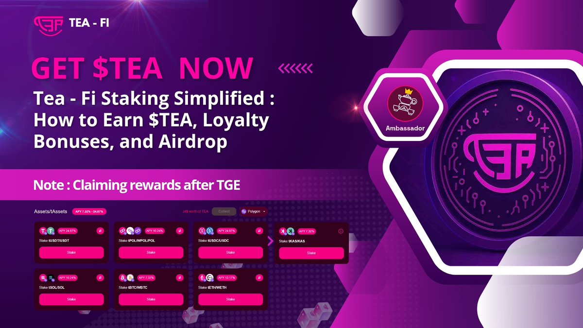 ArifKazima's tweet photo. Earn $TEA and Loyalty Bonuses
Stake tAsset : You can stake synthetic tokens like tBTC, tETH, tSOL, tUSDT and more via Tea -Fi's yield engine
#TeafiAmbassadorProgram #Teafi
@TeaFi_Official @GiveRep https://t.co/ByegeN6QAj