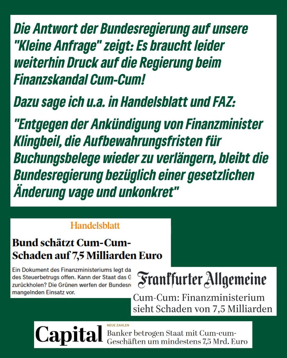 Antwort der Bundesregierung auf unsere "Kleine Anfrage" zu #CumCum und was nun getan wird: bleibt leider sehr vage und unkonkret.

Das heißt: wir müssen und werden trotz sichtbarer Bekenntnisse von Finanzminister #Klingbeil, etwas zu tun, auf jeden Fall dran bleiben! 1/3