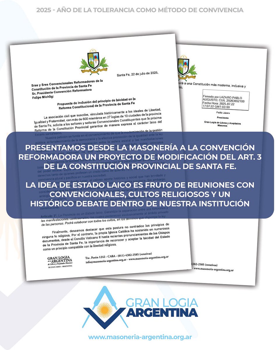 GranLogiaArg's tweet image. Hoy presentamos desde la Masonería a la Convención Reformadora un proyecto de modificación del Art.3 de la Constitución Provincial de Santa Fe.
La idea de Estado Laico es fruto de reuniones con Convencionales, cultos religiosos y un histórico debate dentro de nuestra institución