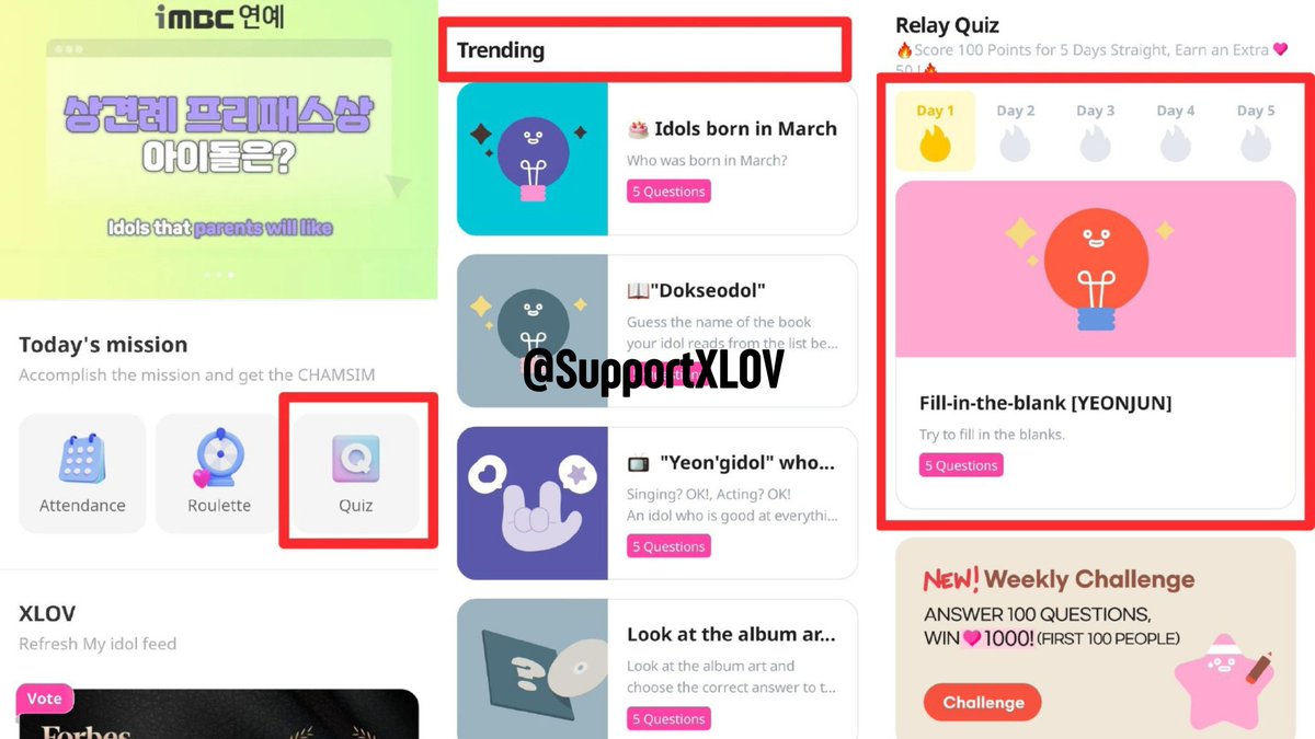 SupportXLOV's tweet image. HOW TO GET BLUE/PINK HEARTS:
Attendance
- Daily login (blue)
- Additional bonus for watching ads (pink)
Roulette (pink)
- Can be spun up to 10 times a day
- To spin, you need to watch an ad
Trending Quiz (blue)
- Answers to 10 trending quizzes here: idolchampquiz.kpopvotes.com…