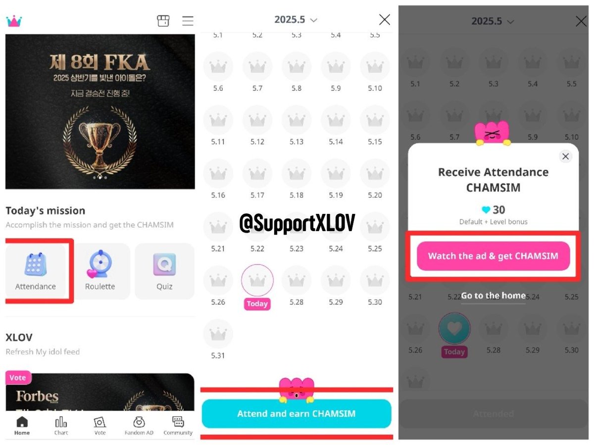 SupportXLOV's tweet image. HOW TO GET BLUE/PINK HEARTS:
Attendance
- Daily login (blue)
- Additional bonus for watching ads (pink)
Roulette (pink)
- Can be spun up to 10 times a day
- To spin, you need to watch an ad
Trending Quiz (blue)
- Answers to 10 trending quizzes here: idolchampquiz.kpopvotes.com…