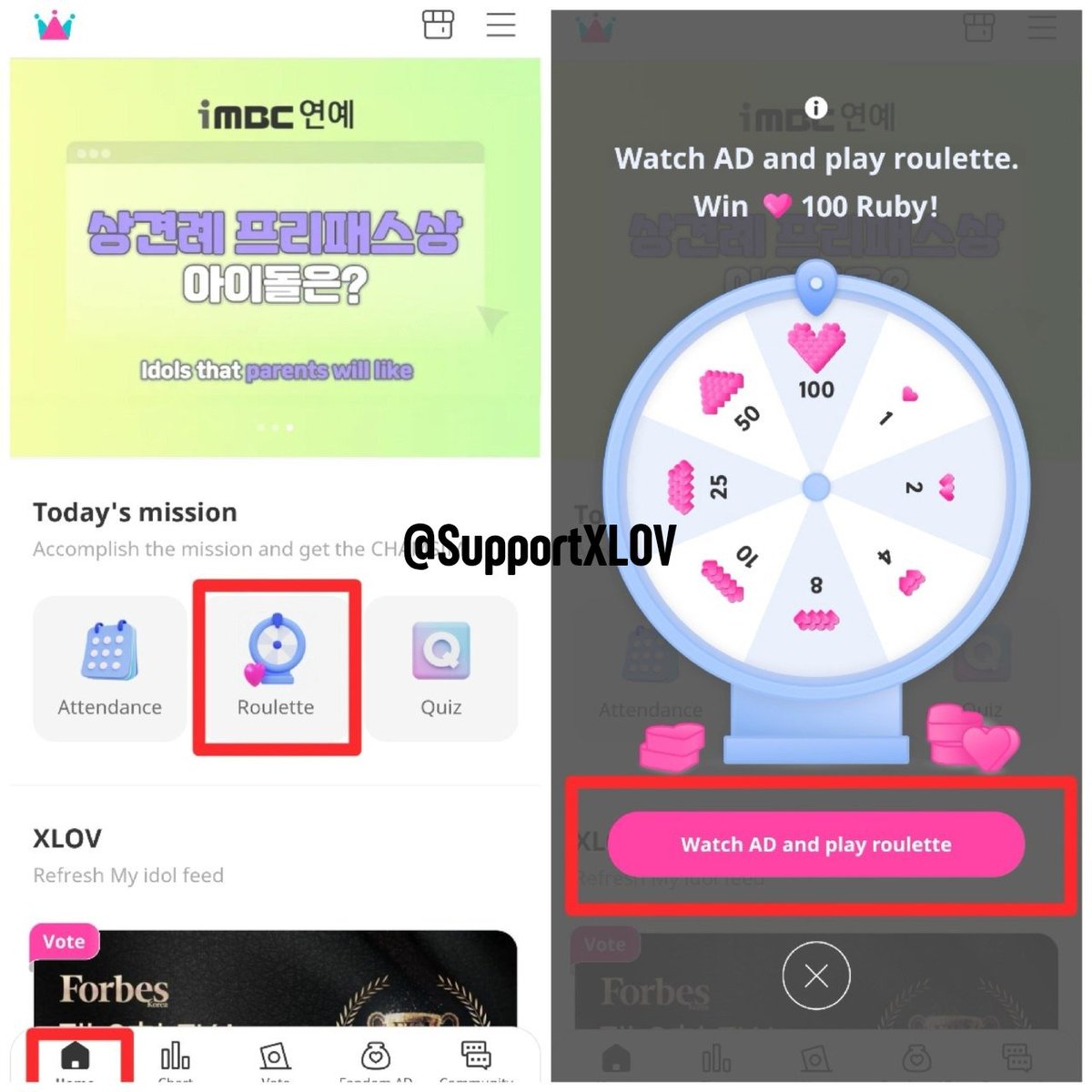 SupportXLOV's tweet image. HOW TO GET BLUE/PINK HEARTS:
Attendance
- Daily login (blue)
- Additional bonus for watching ads (pink)
Roulette (pink)
- Can be spun up to 10 times a day
- To spin, you need to watch an ad
Trending Quiz (blue)
- Answers to 10 trending quizzes here: idolchampquiz.kpopvotes.com…