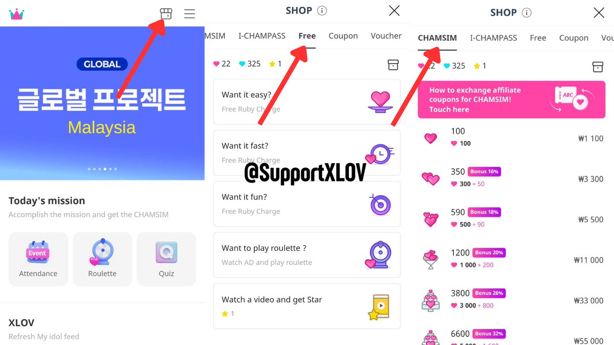 SupportXLOV's tweet image. HOW TO GET BLUE/PINK HEARTS:
Attendance
- Daily login (blue)
- Additional bonus for watching ads (pink)
Roulette (pink)
- Can be spun up to 10 times a day
- To spin, you need to watch an ad
Trending Quiz (blue)
- Answers to 10 trending quizzes here: idolchampquiz.kpopvotes.com…