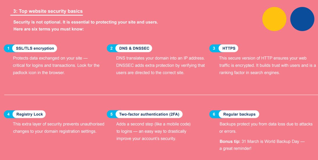 🔒 Security starts with the basics — and your website is no exception.

From choosing a trusted domain name to keeping your site protected, every step counts when building a secure online presence.

This week’s 'From Dot to Brand' tips focus on how to safeguard your website and