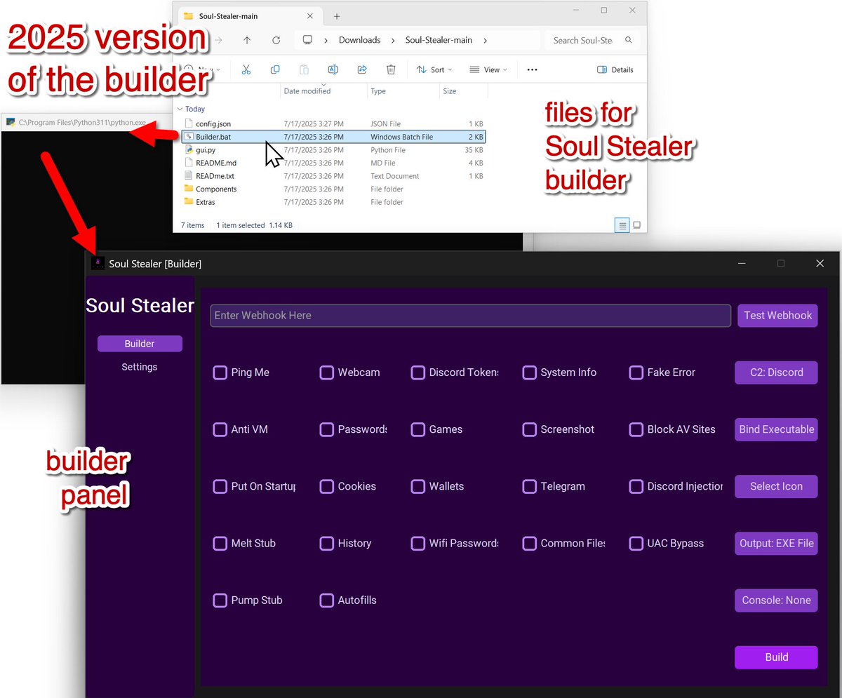 Unit42_Intel's tweet image. A 2025 version of #SoulStealer, an #infostealer released for educational purposes, is available, featuring updated infrastructure and additional functionality compared to the 2024 version. More info at bit.ly/3IWJEHu