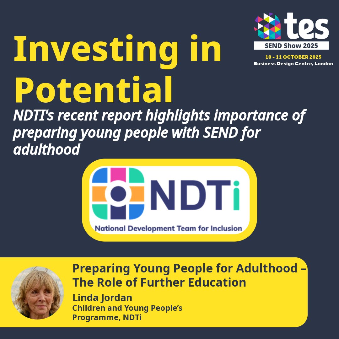 <a href="/NDTicentral/">NDTi</a>’s recent report highlights the focus of Linda Jordan's seminar Preparing Young People for Adulthood  -  The Role of Further Education.

📰Find out more 👉tessendshow.co.uk/news/investing…
🎟️Book now 👉ow.ly/of5G50VVwPp
#TesSENDShow2025