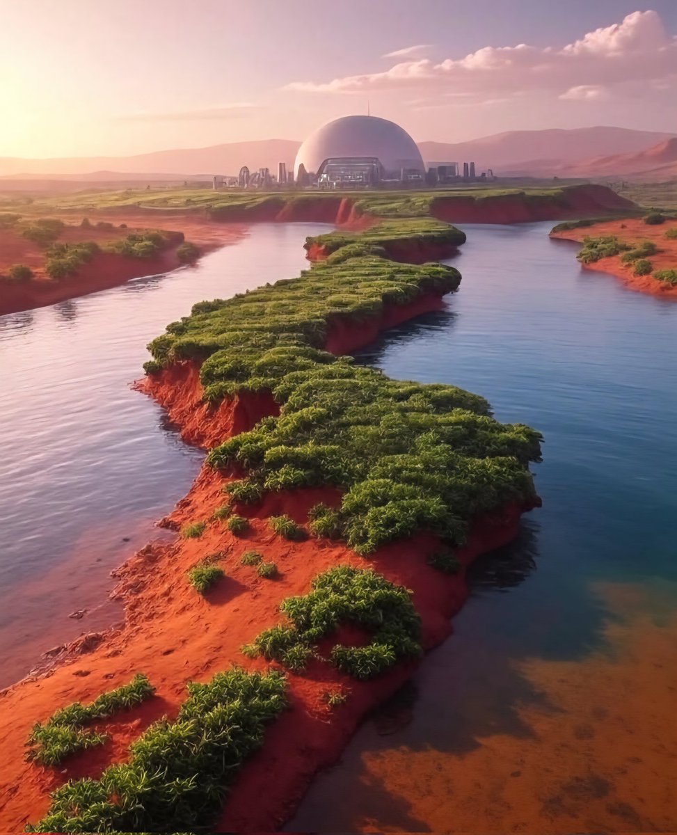 TehMog's tweet image. By 3025, if humans have successfully colonized Mars, the planet could be significantly transformed. Terraforming efforts might have thickened the atmosphere with greenhouse gases (like CO2 or methane) to raise temperatures, potentially melting polar ice caps and creating liquid…