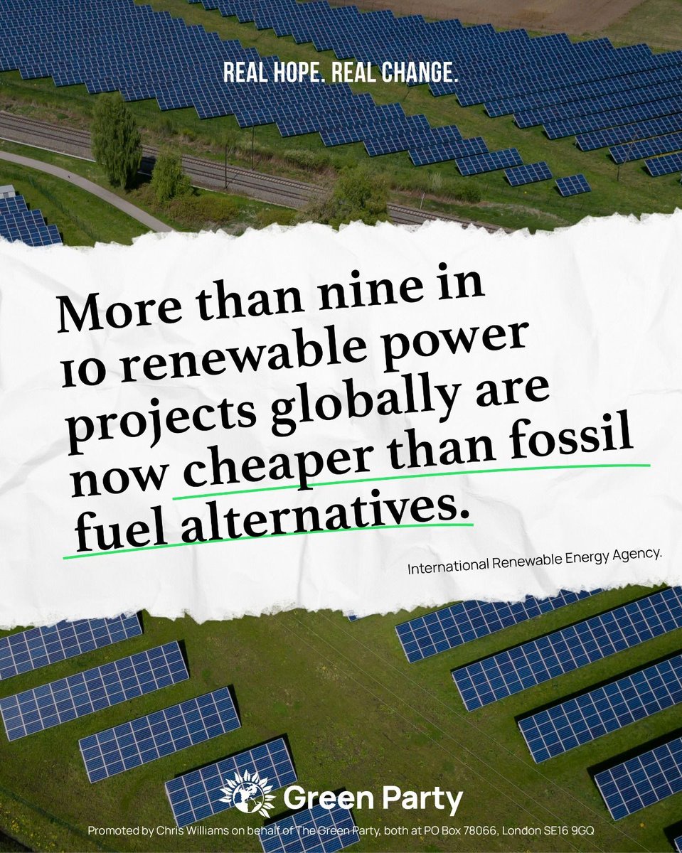 TheGreenParty's tweet image. 🛢️ Fossil fuels: Dangerous. Expensive.
☢️ Nuclear: Too expensive. Too slow.
💡 Renewables: Cheap, clean and fast.
🤔 Why is our government continuing to back outdated and expensive electricity generation when renewables would bring down bills AND emissions fast?