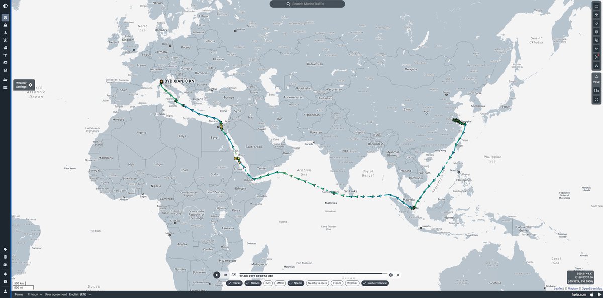 MarineTraffic's tweet image. One of largest LNG dual-fuelled car carriers transits Suez

The LNG dual-fuelled BYD Xi’an, one of the world’s largest car carriers, has completed her maiden transit of the Suez Canal, en route from Yizheng, China to Livorno, Italy, with approximately 7,000 vehicles on board.…