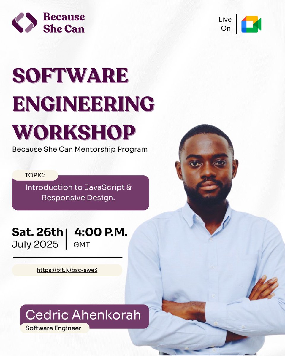 Want to build interactive websites and make them look great on any device?

Join our next and final workshop on JavaScript &amp; Responsive Design, led by Software Engineer Cedric Ahenkorah, this Saturday, July 26th at 4:00 PM GMT.

Join via the link in our bio.