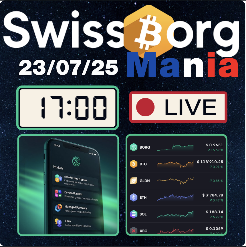 17h00 On refait l'actu en Français 🇫🇷 de SwissBorg et du $BORG 💚
youtube.com/live/TAzz_E67n…

- AltSeason et Pump pour le BORG ✅
- FOCUS sur les Metrics
- XBORG nouvelle Fan-App $XBG