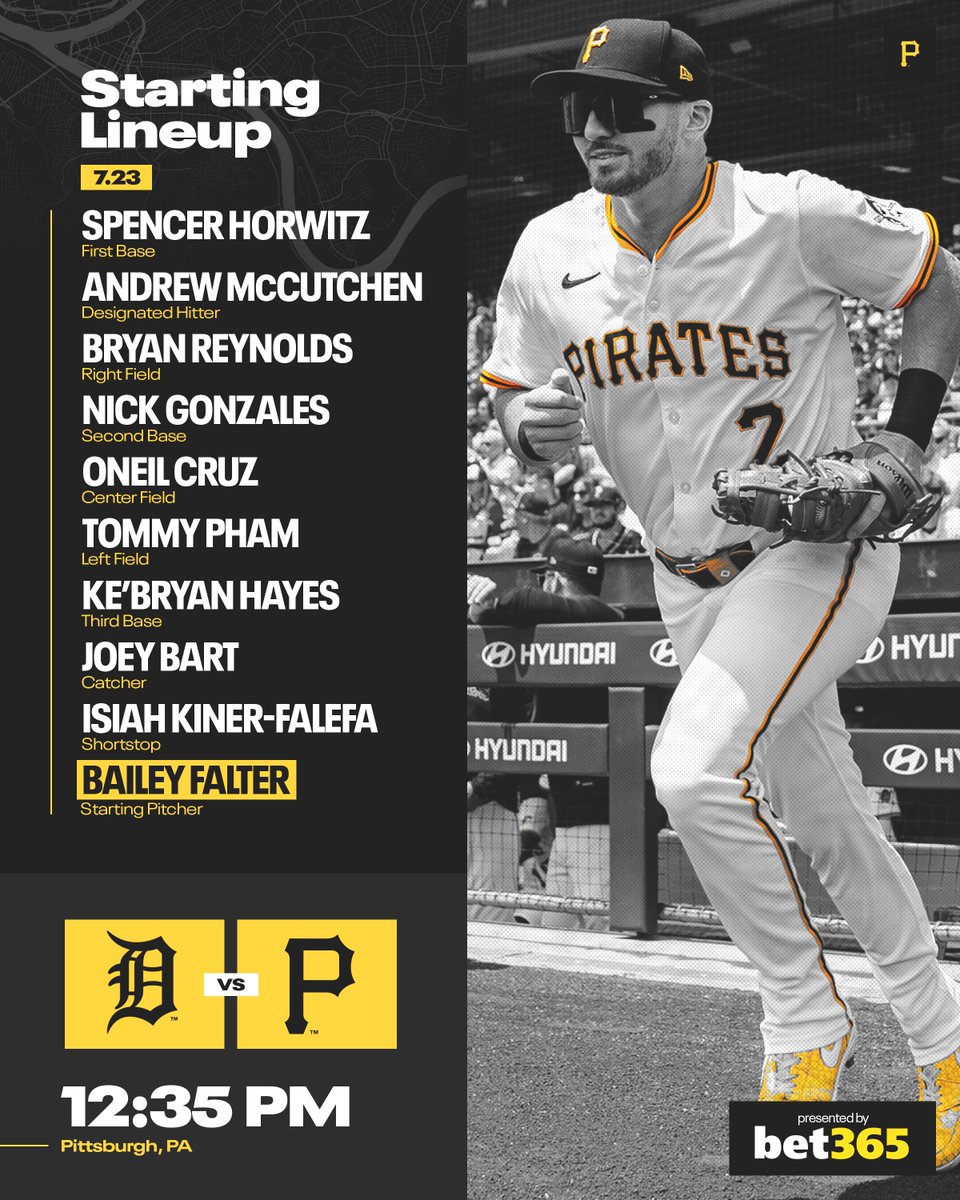 Pirates's tweet image. Series finale vs. Detroit.
📺 @SNPittsburgh
📻 KDKA 100.1 FM & 1020 AM | The PRN
Presented by @bet365_us