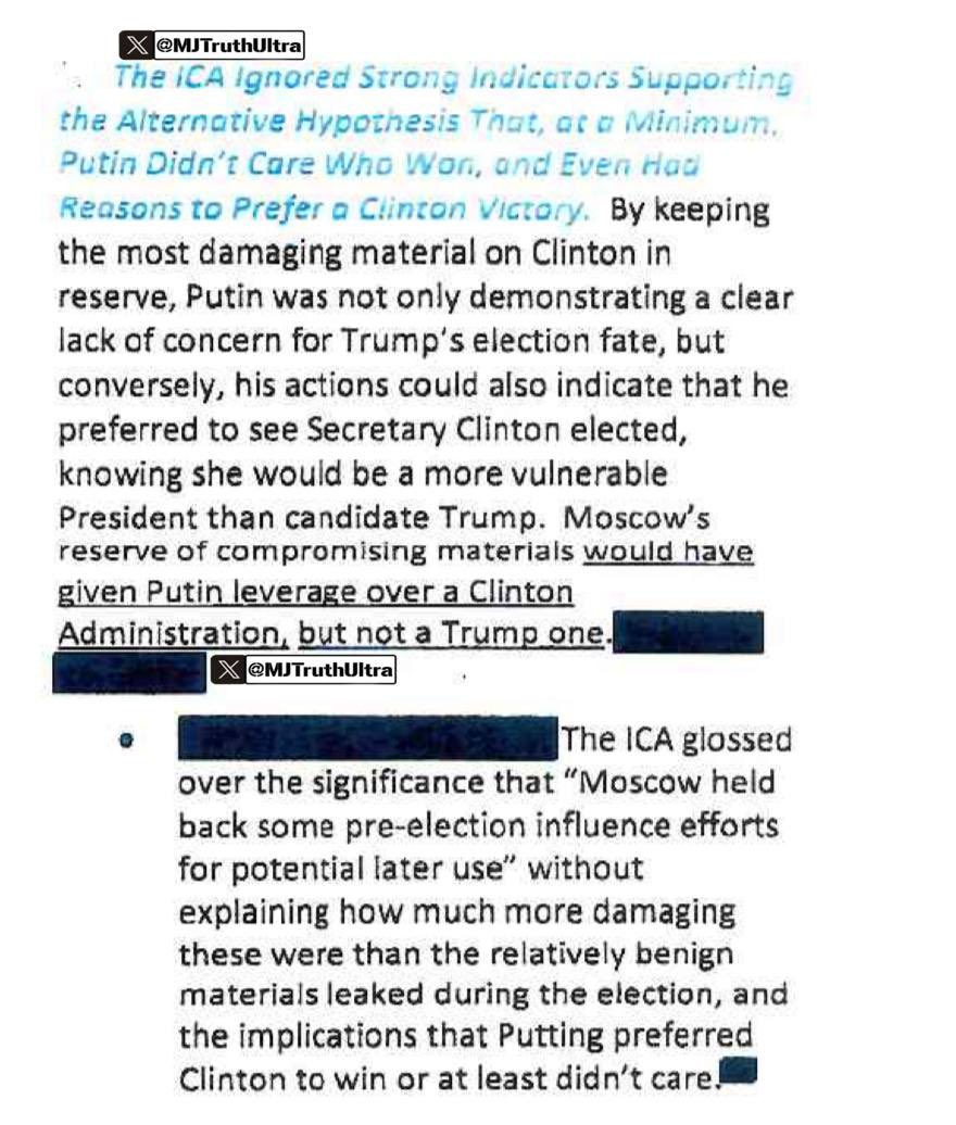 RealPData's tweet image. BREAKING:
According to the documents released by @DNIGabbard today, Russia likely had damaging information on Clinton, but held back as apparently they would've preferred a Clinton win.