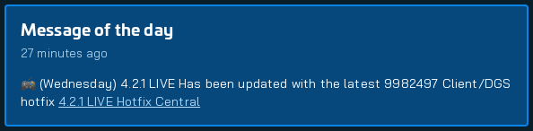 starcitizenbot's tweet image. 🚨 New MOTD Detected:
🎮 (Wednesday) 4.2.1 LIVE Has been updated with the latest 9982497 Client/DGS hotfix 4.2.1 LIVE Hotfix Central