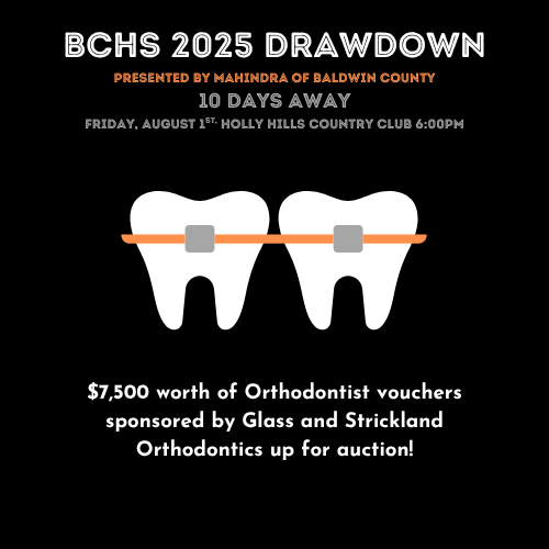 Calling all parents who are in need of braces and other orthodontist work! The BCHS Drawdown has over $7,500 worth of vouchers up for grabs. Remember you can purchase a $125 ticket for two guests or purchase a $75 ticket for those not attending to enter the Draw!
