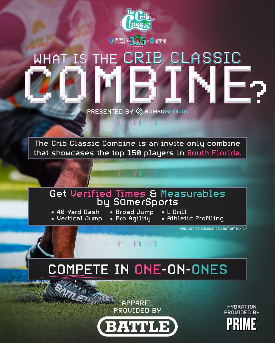 Crib Classic (@cribclassic) on Twitter photo The Crib Classic Combine is South Florida’s ELITE invite-only football showcase 🤩🔥 @305sportss 
Verified times & measurables, top talent, one-on-ones… let’s get to WORK🔒 The Crib Classic Combine is South Florida’s ELITE invite-only football showcase 🤩🔥 @305sportss 
Verified times & measurables, top talent, one-on-ones… let’s get to WORK🔒