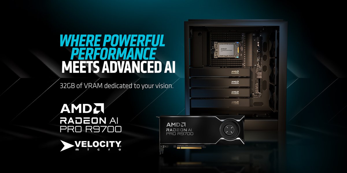 New <a href="/AMDRadeon/">AMD Radeon</a>  AMD AI PRO R9700 is now available on our #Workstation class desktops. Get yours with new Threadripper Pro 9000 WX series for 32GB of vRAM and 96 cores of processing power to transform the way you approach AI development. velocitymicro.com/radeon-ai-pro.…