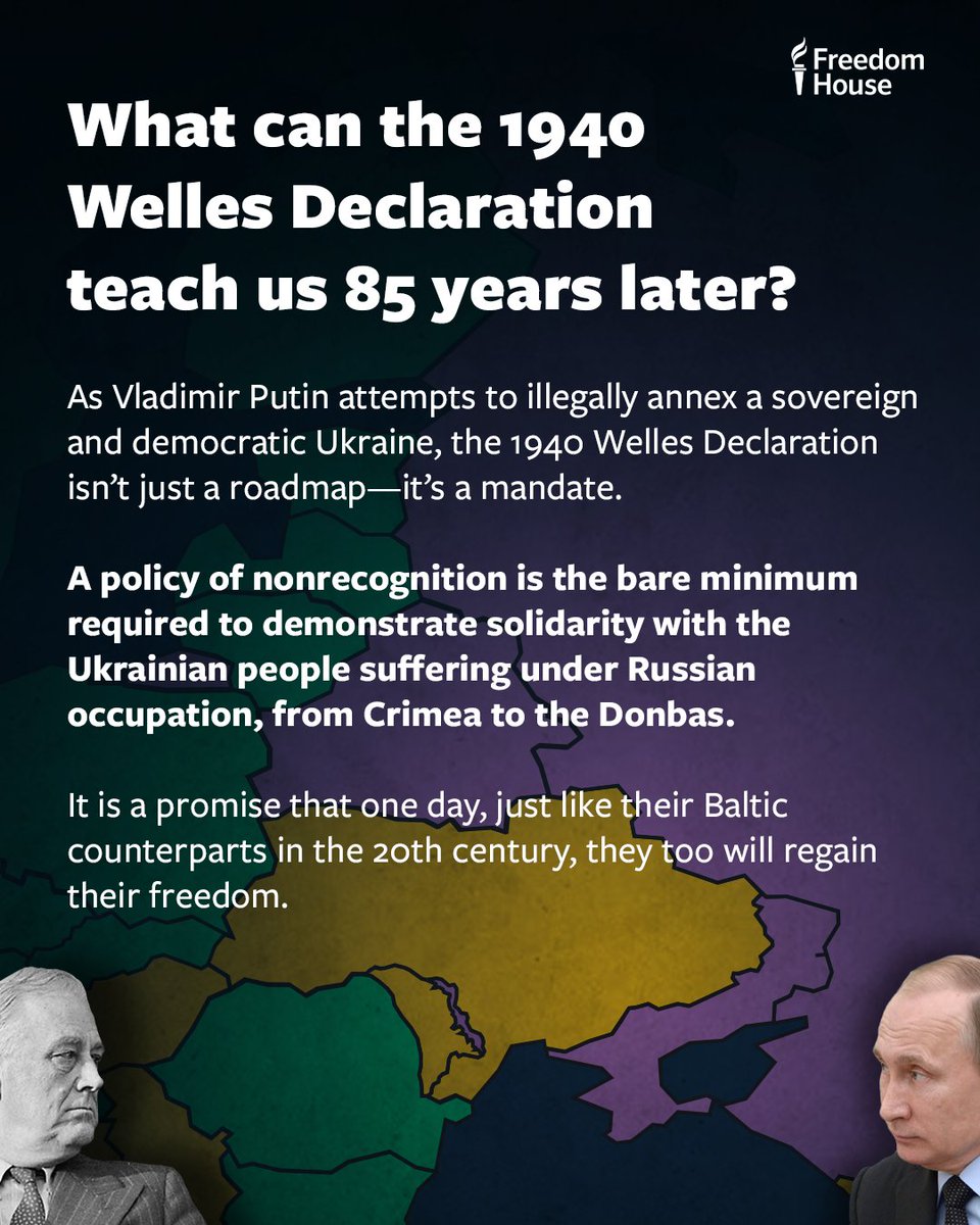 freedomhouse's tweet image. 85 years ago today, FDR’s administration issued the Welles Declaration—a principled refusal to recognize the Soviet annexation of Estonia, Latvia, and Lithuania that the US maintained until the three countries regained their freedom in 1991.
It’s in this spirit that we call on…