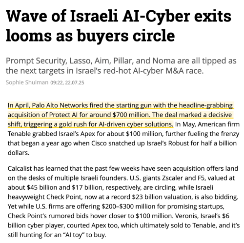 edsim's tweet image. The game of musical chairs has begun and accelerating in AI Security post @ProtectAICorp @PaloAltoNtwks
Who's next?
calcalistech.com/ctechnews/arti…