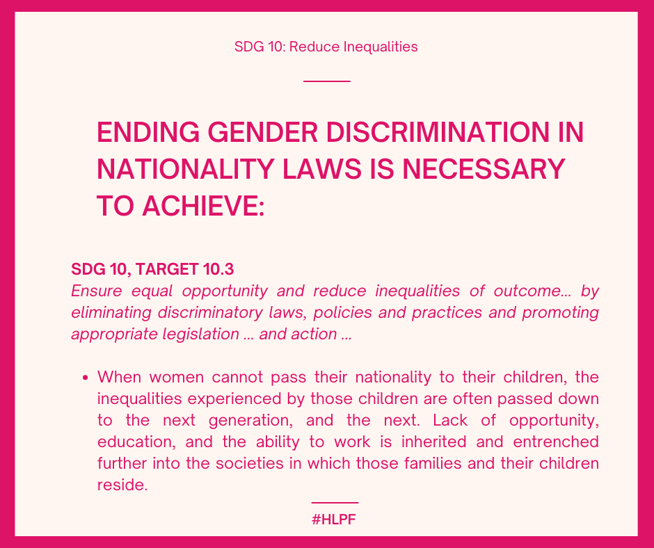 EQL_Nationality's tweet image. Inequalities in nationality laws deepen inequality for generations.
To achieve #SDG10 we must end gender discrimination in nationality laws.
Equal rights for mothers & fathers to pass nationality = equal opportunities for all.
#HLPF