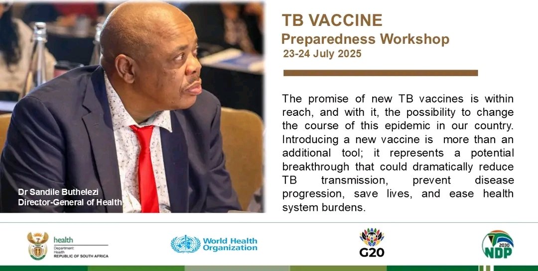 HealthZA's tweet image. #EndTBNow | Director-General of Health, Dr Sandile Buthelezi, shares a powerful message at the TB Vaccine Preparedness Workshop currently underway in Johannesburg. The workshop focuses on advancing policy and decision-making for the introduction of a TB vaccine in South Africa.