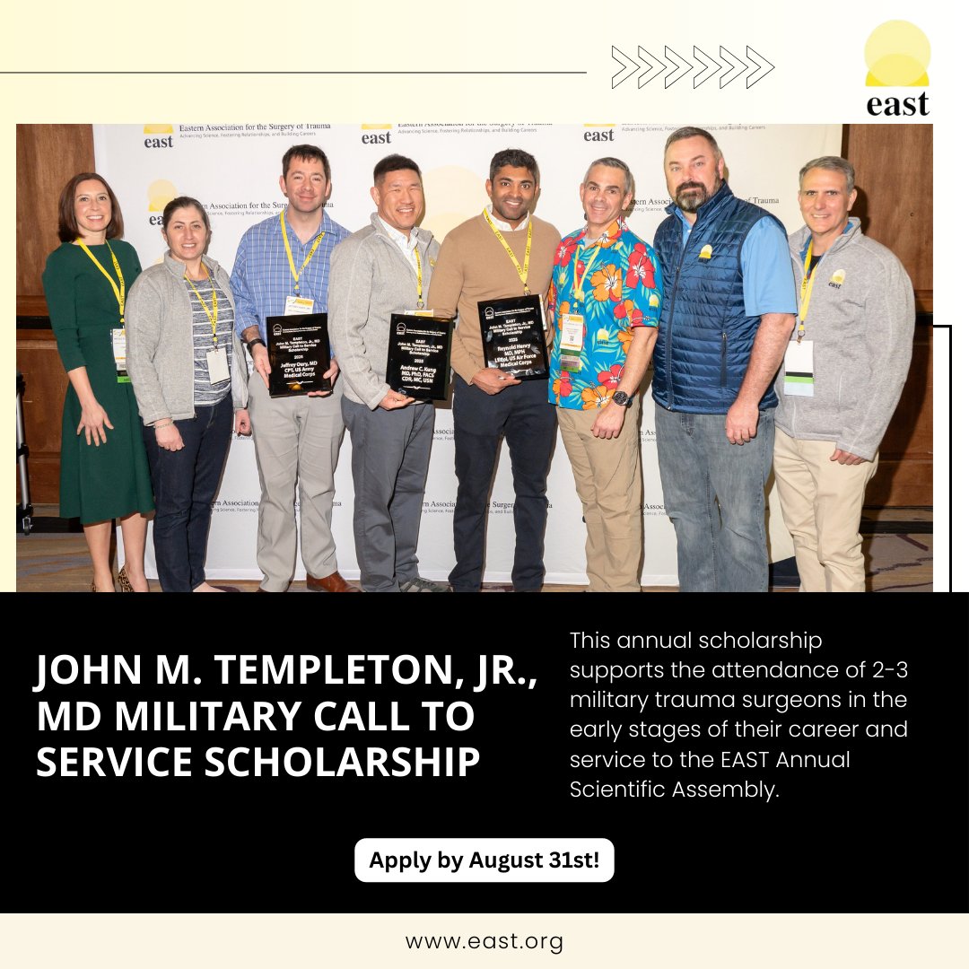 EAST_TRAUMA's tweet image. 🎓 Calling All Early-Career Military Trauma Surgeons! 🎖️
The John M. Templeton, Jr., MD Military Call to Service Scholarship provides 2-3 military trauma surgeons in the early stages of their career with the opportunity to attend the EAST Annual Scientific Assembly—an incredible…