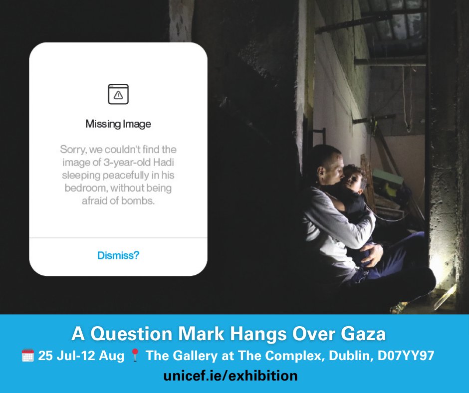 The images of children thriving in Gaza are missing. What remains are glimpses of survival.

UNICEF is hosting a free photo exhibit documenting the lives of children in Gaza.

📍25 Jul-12 Aug at The Gallery at The Complex, Dublin. 
👉For more info, visit: unicef.ie/exhibition