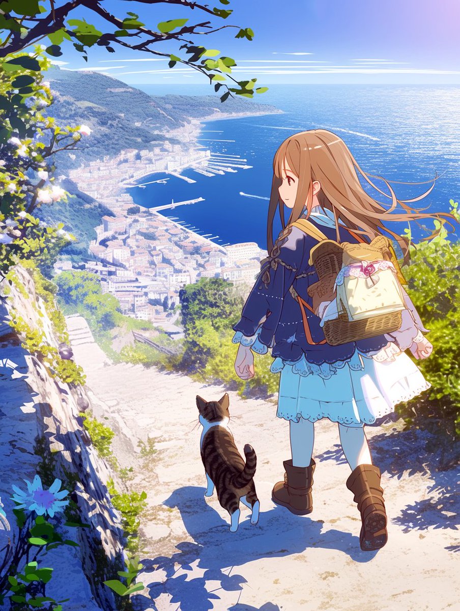 chocola_palette's tweet image. 『猫と歩く海の道』
～陽だまりの坂道、港のきらめき～

今日も、ゆるりといきましょー☆