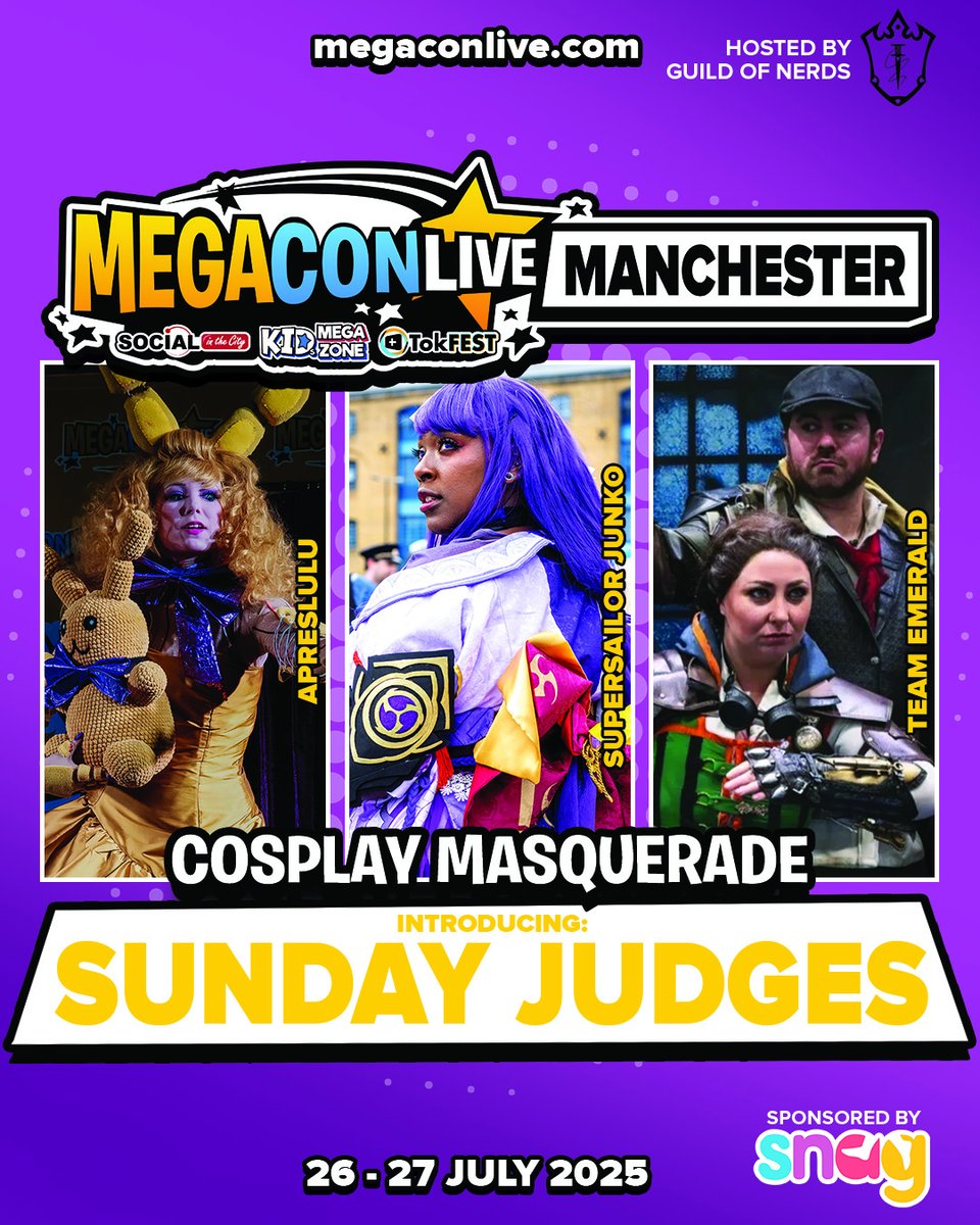 megaconlive's tweet image. ⭐ Shout out to the judges for this weekend’s Cosplay Masquerade at MegaCon Live Manchester hosted by Guild of Nerds!
Catch it live: 26–27 July at Manchester Central!
🎟️ Tickets: megaconlive.com (Get there early for a good spot!)