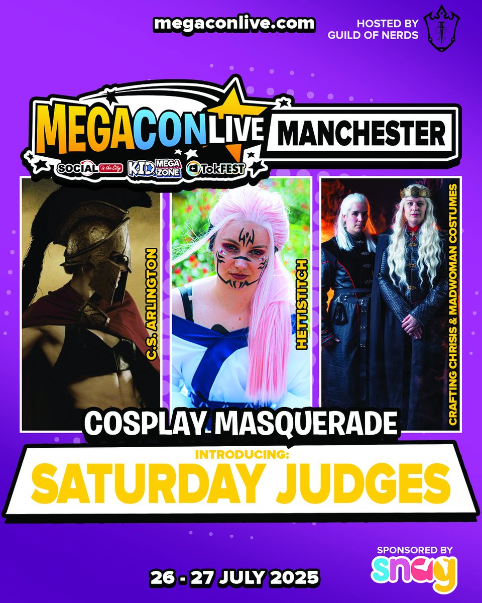 megaconlive's tweet image. ⭐ Shout out to the judges for this weekend’s Cosplay Masquerade at MegaCon Live Manchester hosted by Guild of Nerds!
Catch it live: 26–27 July at Manchester Central!
🎟️ Tickets: megaconlive.com (Get there early for a good spot!)