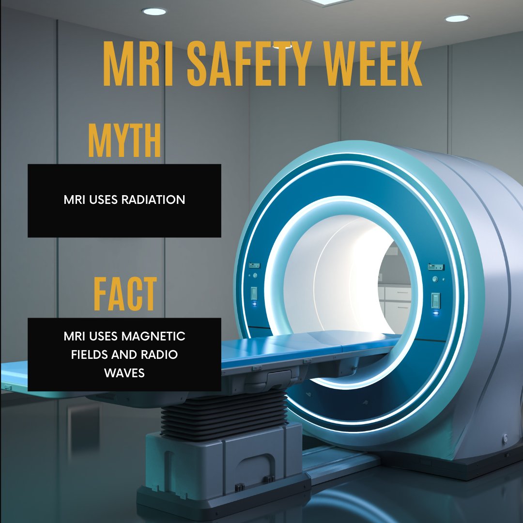 🧠Myth vs. Fact: MRI Edition⚡️ 
Myth: MRIs use harmful radiation. Fact: Nope! MRIs do not use radiation at all. They use powerful magnetic fields and radiofrequency waves to create detailed images of your body — totally radiation-free. 🙌 #MRISafetyWeek