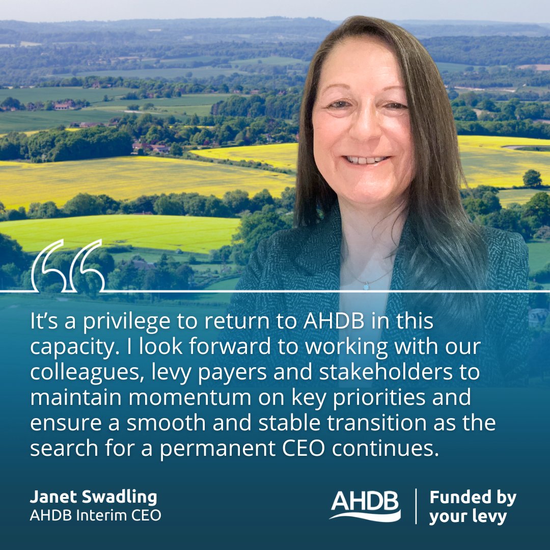 TheAHDB's tweet image. We&apos;re pleased to share that Janet Swadling has been appointed as Interim CEO of AHDB.

She will step in as Graham Wilkinson prepares to depart on 22nd Aug to allow for a necessary employment break before taking on a role with a pork sector levy payer.

🔗ow.ly/cTgL50Wu0Qu