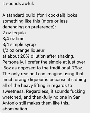 fritolaysia's tweet image. I asked my bartender friend in San Antonio about the NYT margarita recipe and he provided me a better and more correct version.