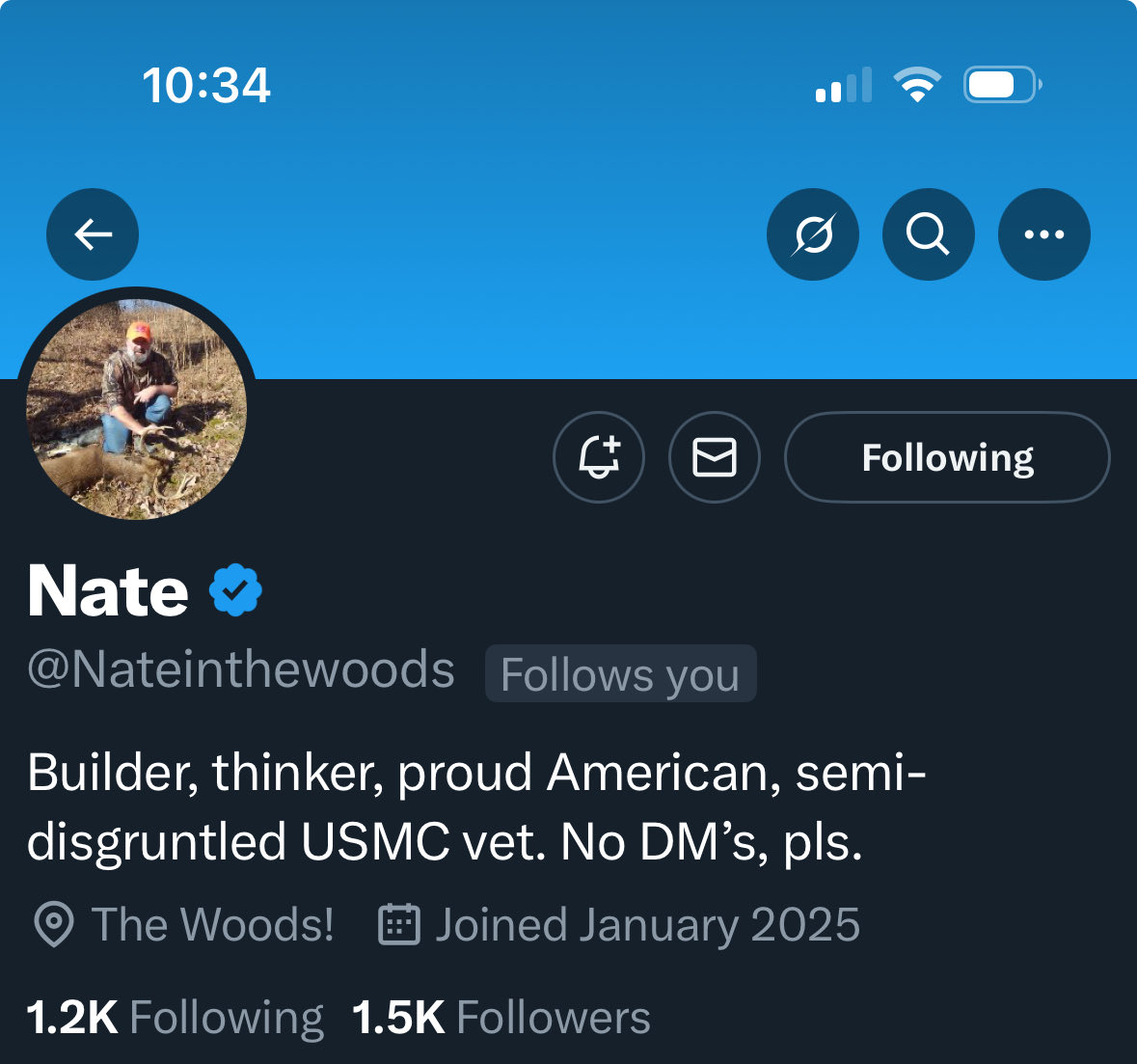 Please follow this USMC veteran who follows back.  Thank you for your service.  ⁦<a href="/Nateinthewoods/">Nate</a>⁩