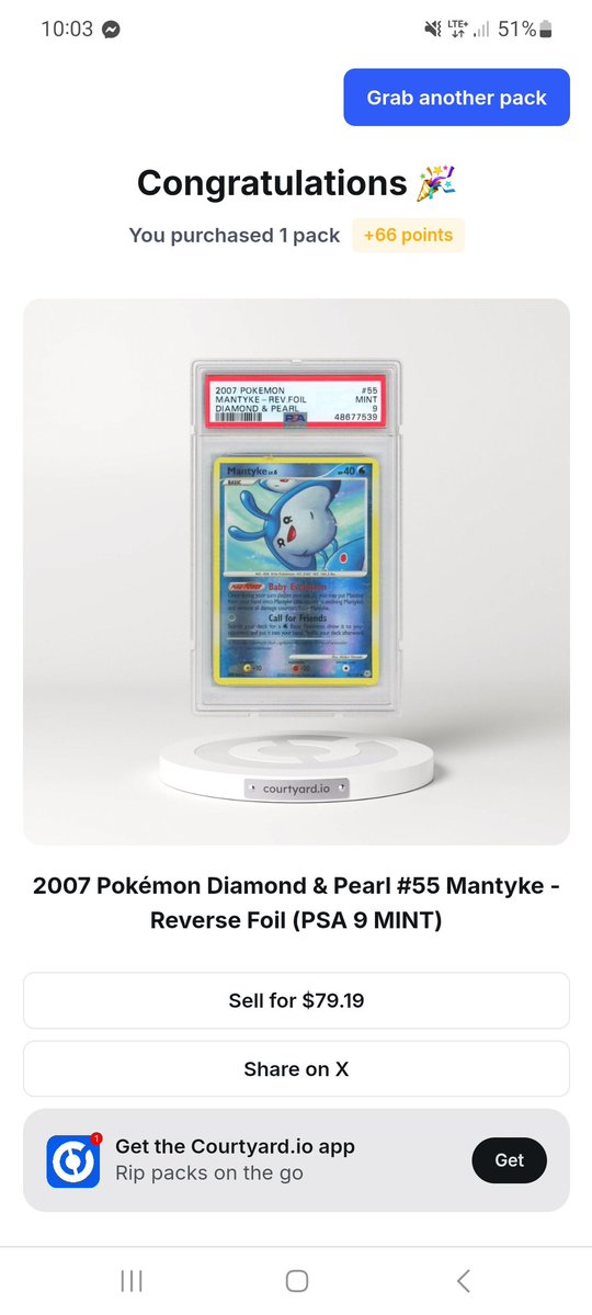 SodieSquad's tweet image. Felt liking going for a swim 🏊♂️
So I channeled that water energy into a $50 @Courtyard_io Pokemon TCG blind at the beach ⛱️
Pulled this 2007 Reverse holo Mantyke in a PSA 9 MINT💧
Not bad for my first PSA graded on-chain Pokemon card 🤑