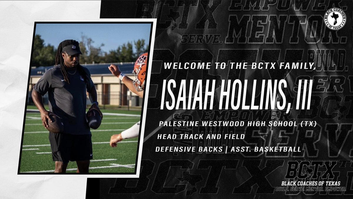 BlackCoachesTX's tweet photo. Welcome to the #BCTX🫱🏾‍🫲🏿 family @Coach_IH3!

Build. Serve. Mentor. Empower.

Join the #BCTX🫱🏾‍🫲🏿 today! https://t.co/qvDsIaOZgM
