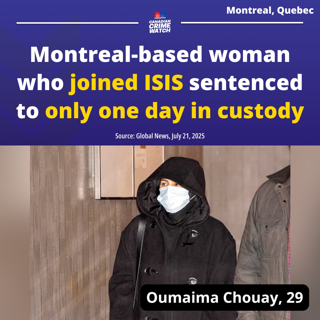 CrimeWatchCAN's tweet image. MONTREAL, QUEBEC - A Quebec-based woman who left Canada in 2014 to join a terrorist group was sentenced Monday after pleading guilty to a terrorism offence.
Oumaima Chouay, 29, pleaded guilty to one count of participating in the activities of a terrorist group, namely the…