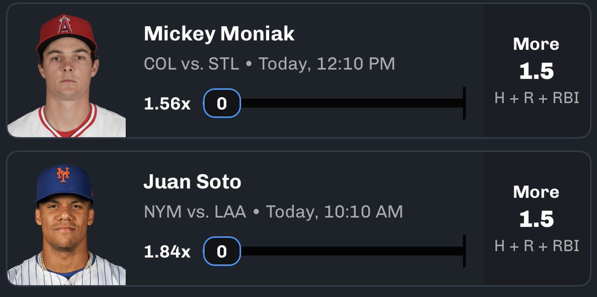 austinsprops's tweet image. The MLB CB Hitters Lay⛽️

Mickey Moniak 1.5 HRR “O”
Juan Soto 1.5 HRR “O”

•Good M/Us, let’s cash out. Here’s my two favorite HRR props so far.

❤️IF TAILING! 

Code AUSTIN on CB for $100 match! linktr.ee/AustinCB