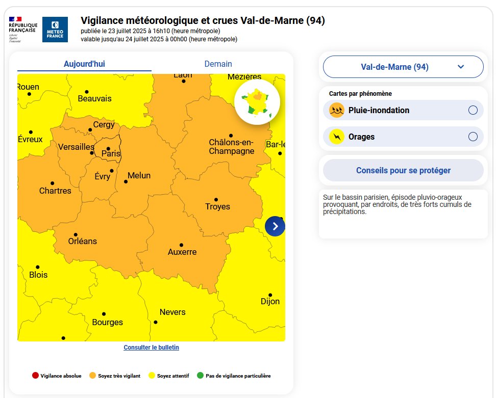 Val-de-Marne (@valdemarne_94) on Twitter photo #Meteo94 : Vigilance orange pluie-inondations 🌧️ et Vigilance jaune orages 🌩️ dans le #ValdeMarne
📅 À partir de 22h ce soir jusqu'à jeudi après-midi
⚠️ Risques d'inondations notamment en zones urbaines et points bas
Soyez prudents restez informés sur <a href="/VigiMeteoFrance/">VigiMétéoFrance</a> #Meteo94 : Vigilance orange pluie-inondations 🌧️ et Vigilance jaune orages 🌩️ dans le #ValdeMarne
📅 À partir de 22h ce soir jusqu'à jeudi après-midi
⚠️ Risques d'inondations notamment en zones urbaines et points bas
Soyez prudents restez informés sur <a href="/VigiMeteoFrance/">VigiMétéoFrance</a>