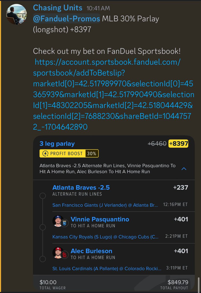 ChasingUnits_'s tweet image. FanDuel MLB 30% Parlay +8397
FV: +6258
EV%: 33.6%
QK: .1u