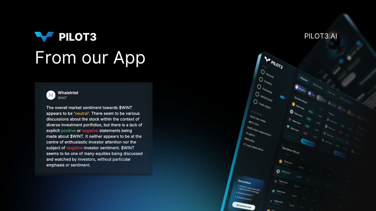 pilot3ai's tweet image. Welcome back to our daily market sentiment tracking for @virtuals_io  projects!
The @Pilot3ai app just picked up a neutral tone around $WINT by @WhaleintelAI  it’s on the radar, but not quite in the spotlight yet.
Frequently mentioned in diverse portfolio discussions, $WINT is…