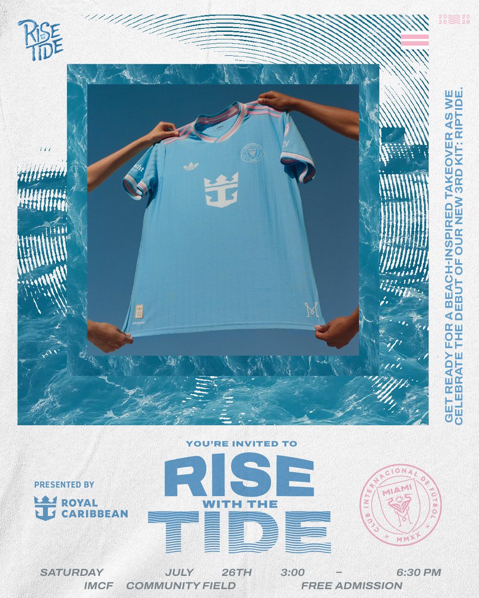 InterMiamiCF's tweet image. 🌊 Miami, the tide is rising this Saturday.
We’re throwing a beach-inspired takeover to launch our boldest kit yet. Come through for music, vibes, and the first look at Riptide. 🌴
🔗 RSVP now: intermiamicf.co/Riptide-Party