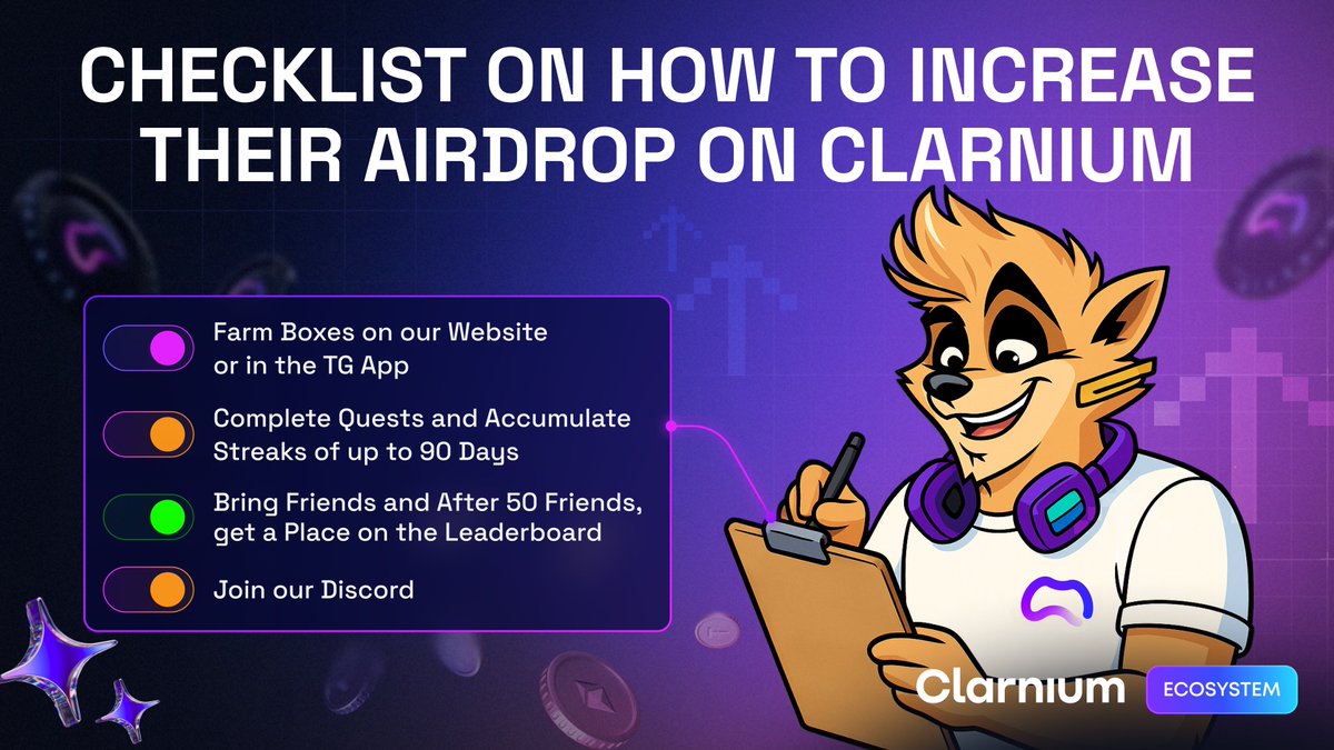 clarnium_io's tweet image. Few people know how to properly increase their airdrop allocation on Clarnium.
Here is a short list to help you navigate this process:
> Farm boxes on our website or in the TG App.
> Complete quests and accumulate streaks of up to 90 days.
> Bring friends and after 50 friends,…