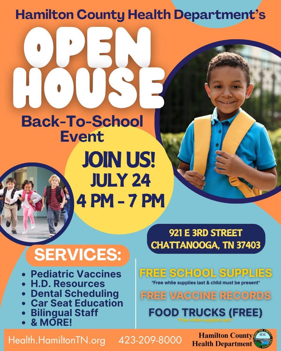 Bring the whole family out TOMORROW for the Hamilton County Health Department’s 2nd annual Open House Back to School Bash! 🎒📚