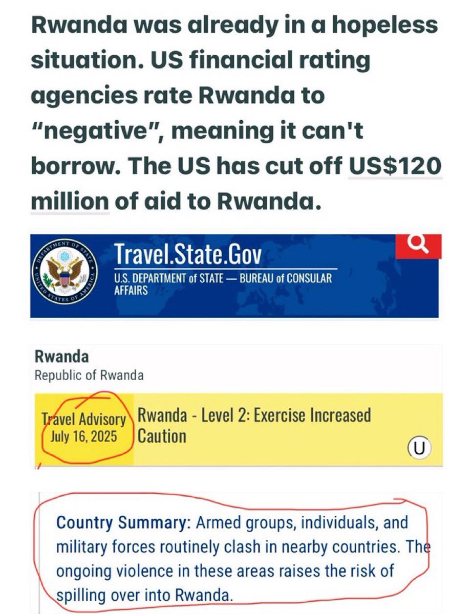 ⛔️DO NOT VISIT RWANDA⛔️

📍Looting neighboring countries
📍 Money mismanagement 
📍Debt ceiling into negative
📍Can’t borrow money from USA
📍USA has cut 120$ Million aid 

⛔️Travel Level 4 in 2 areas⛔️