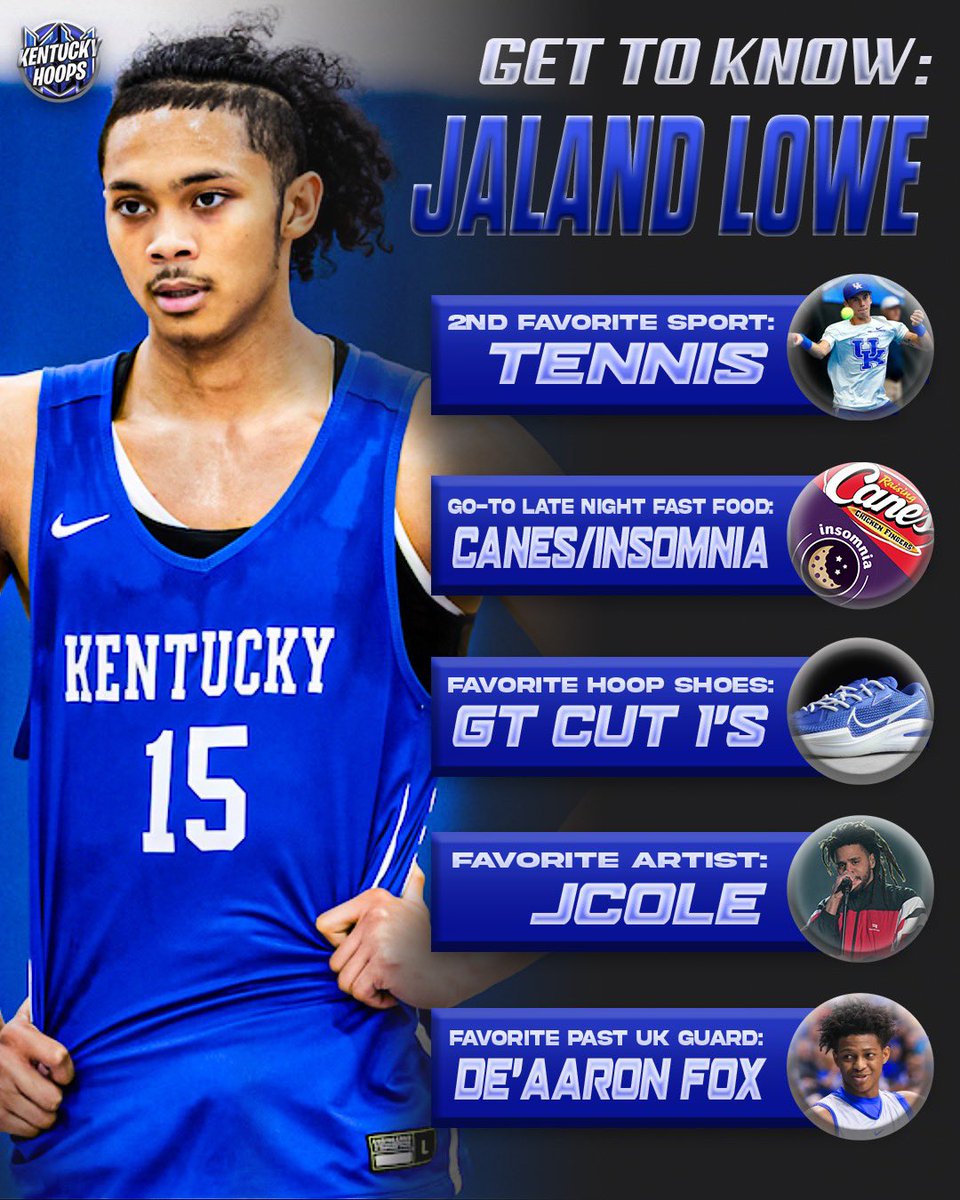 kentuckyhoopsig's tweet image. Get to know Jaland Lowe 🔥😼
Swipe to view the Pitt transfer guard’s favorite things and moments from his basketball career and Kentucky Basketball! 💙
Who should be next? ⬇️ @jalandlowe