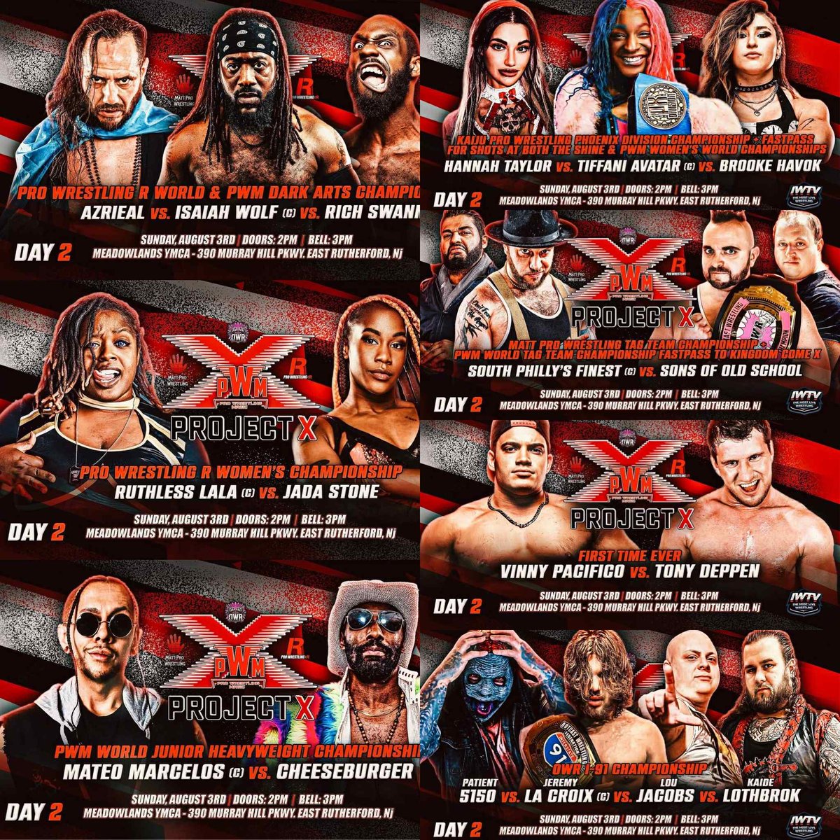 WrestlingMagic's tweet image. Project X
Meadowlands YMCA
390 Murray Hill Parkway
East Rutherford, NJ
Saturday, August 2 AND Sunday, August 3
Doors: 2 PM(both days)
Bell Time: 3 PM(both days)
Tickets: ProWrestlingMagic.com
SummerSlam Parking at the YMCA FREE with any ticket purchase!
#ThisIsMagic