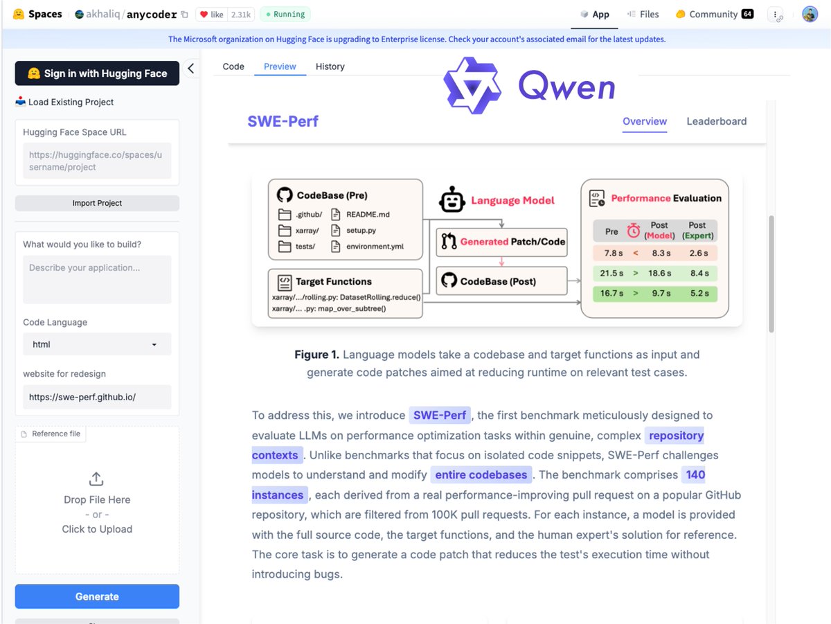 sivil_taram's tweet image. Wrapped up a SWE-Perf website redesign using Qwen3-Coder on AnyCoder (huggingface.co/spaces/akhaliq…). The process was incredibly fast and great!
One question for Qwen devs, though: did you pretrain a secret love for the color purple into the coder's persona? 😉
