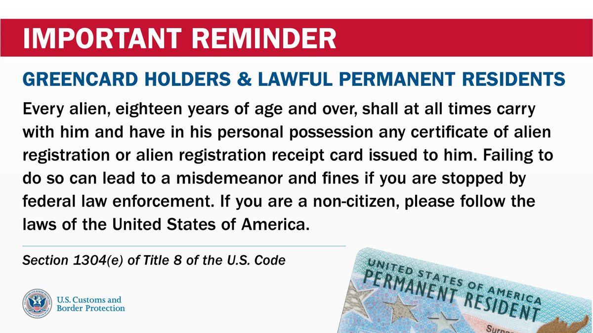 🚨 Attention 🚨

Always carry your alien registration documentation. Not having these when stopped by federal law enforcement can lead to a misdemeanor and fines.